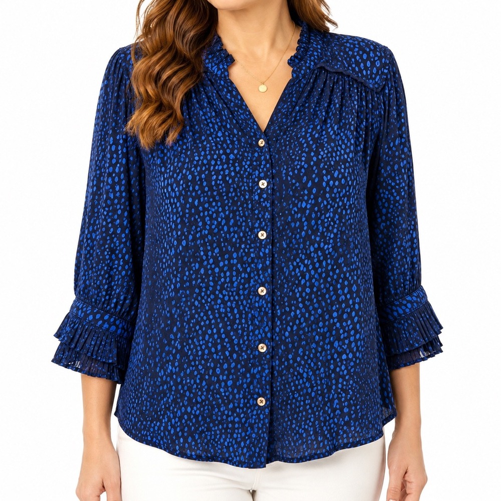 Democracy Navy Blue, contrast color Button‎ Front Blouse Small, Fits Medium
